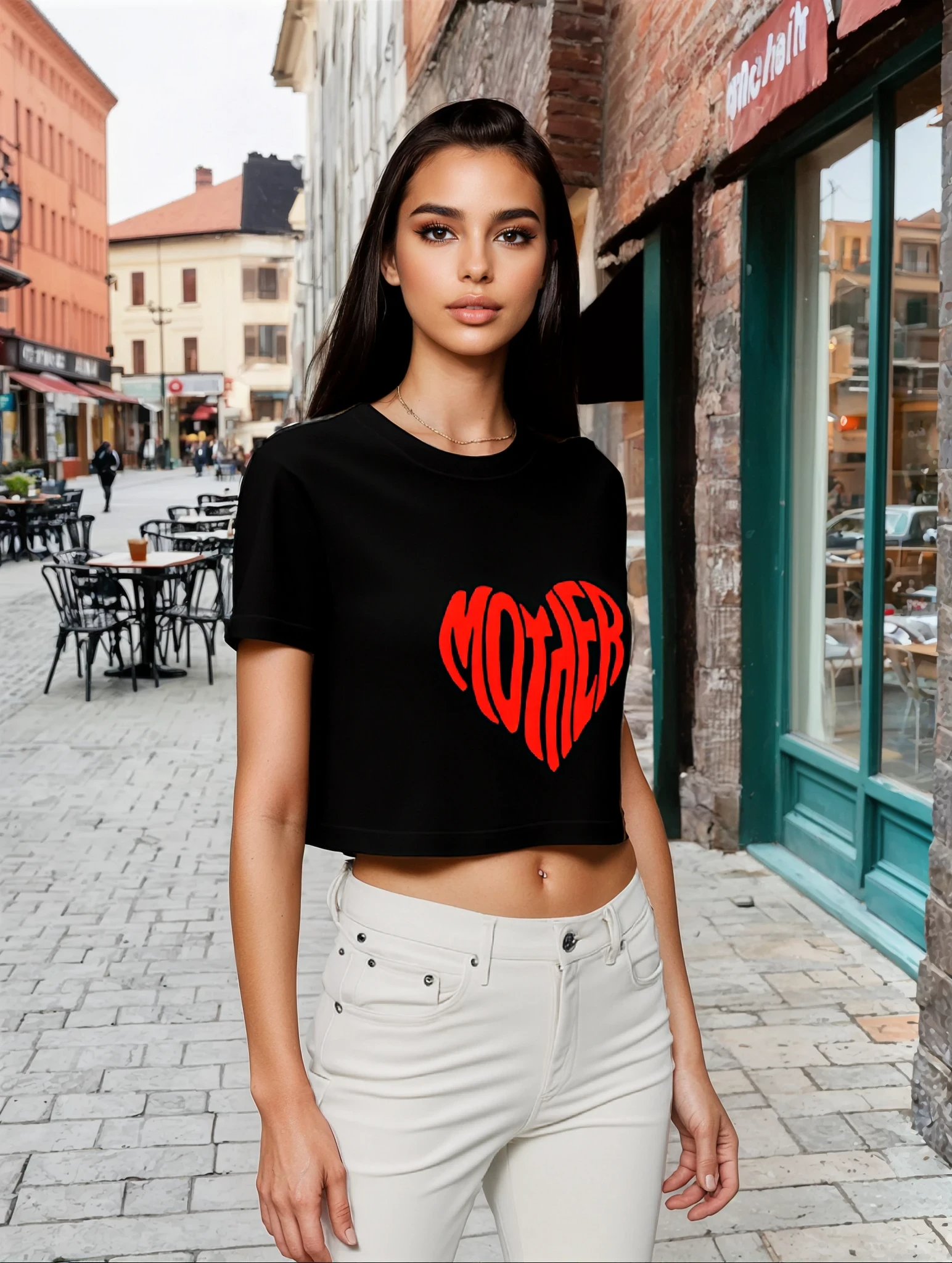 A woman models a black crop top with a prominent red heart, exuding a trendy and playful vibe.