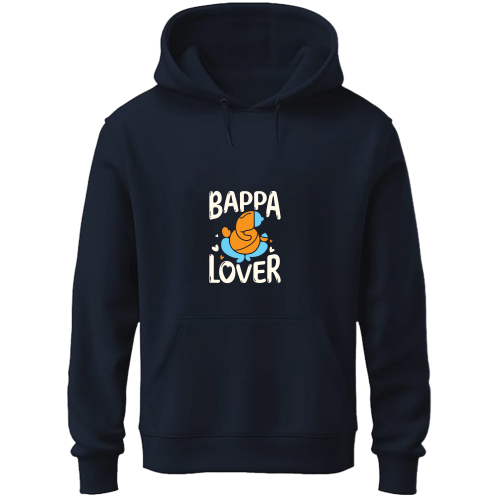 A navy blue hoodie with "bappa lover" printed on it, showcasing a casual style.