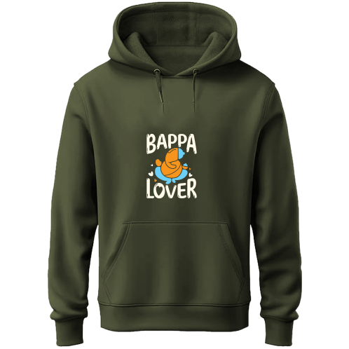 A olive green hoodie featuring the phrase "bappa lover," highlighting a trendy look.