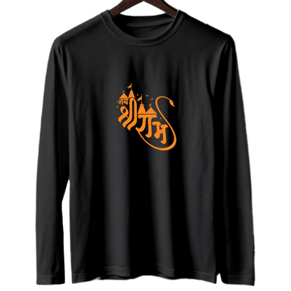 A black long sleeve shirt featuring bold orange text printed on the front.