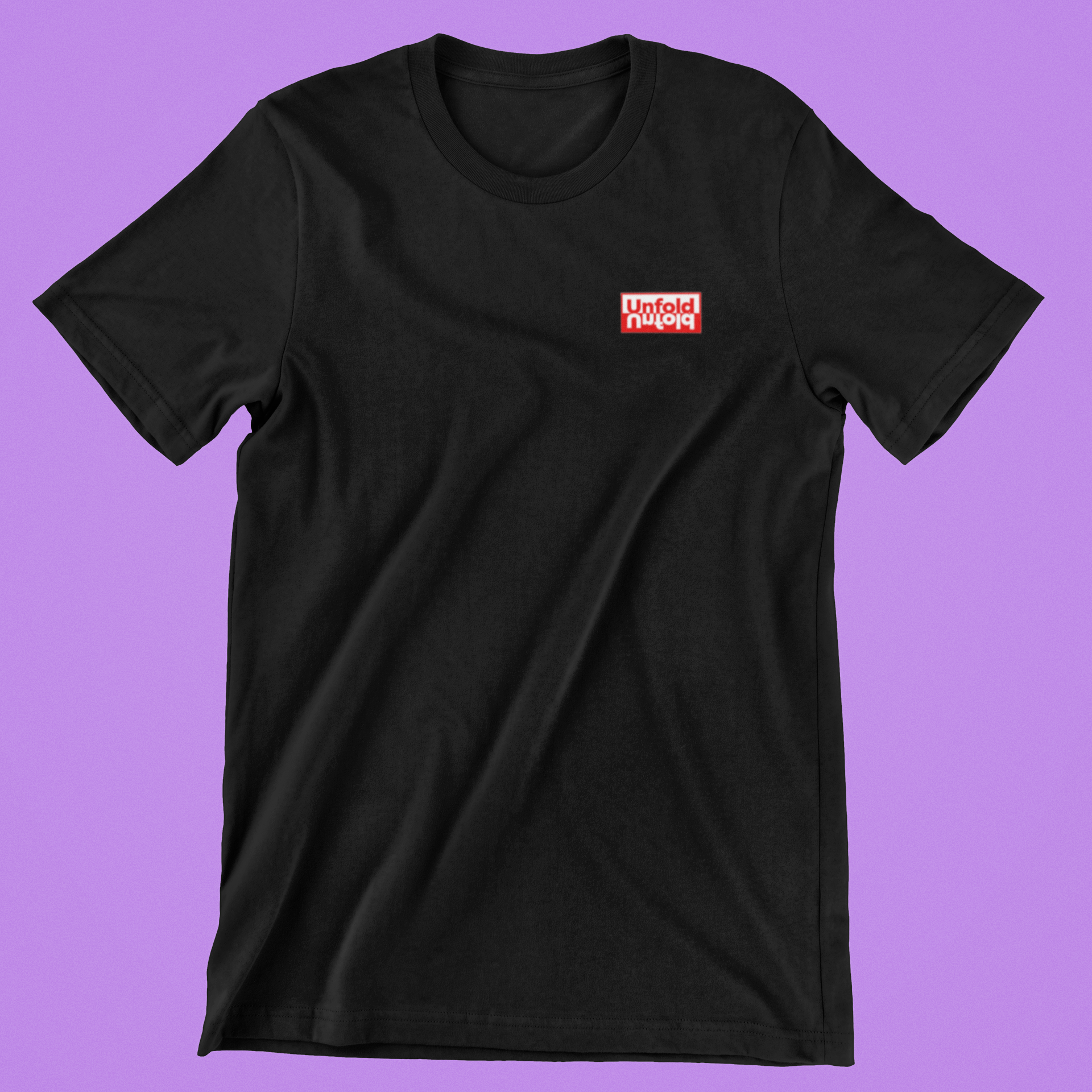 Black t-shirt with a red logo on a purple background