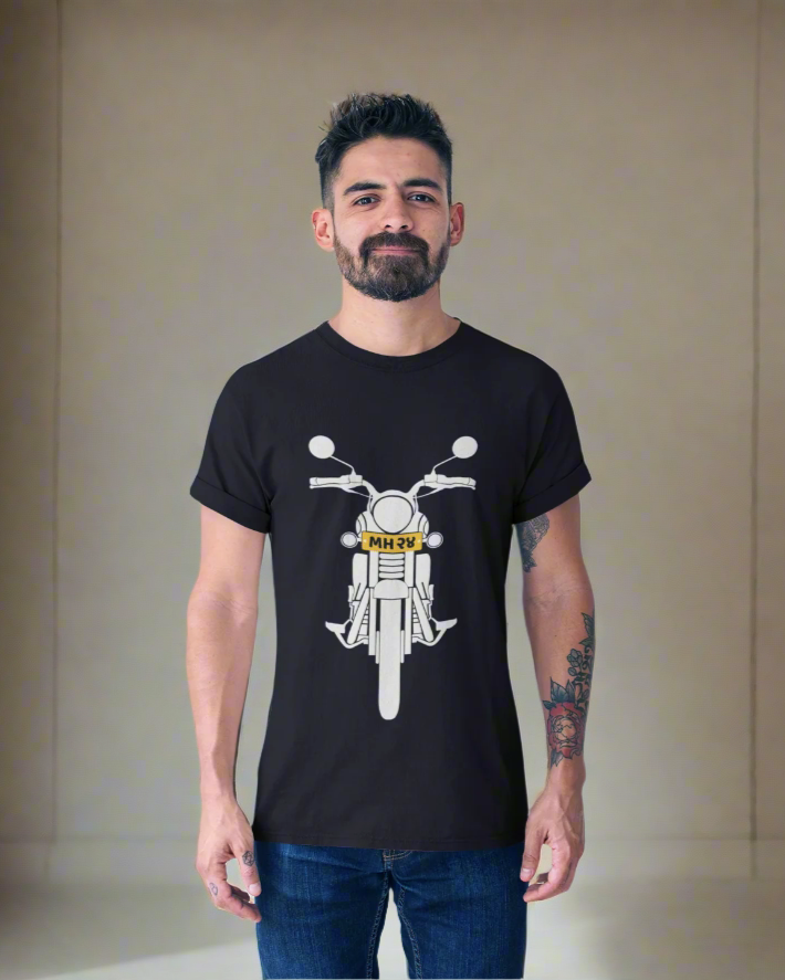a black t-shirt featuring a motorcycle graphic stands confidently, showcasing his casual style