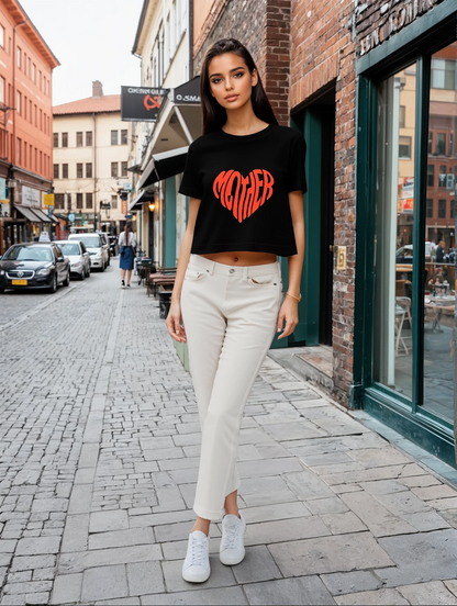 A woman wearing a black crop top featuring a red heart design.