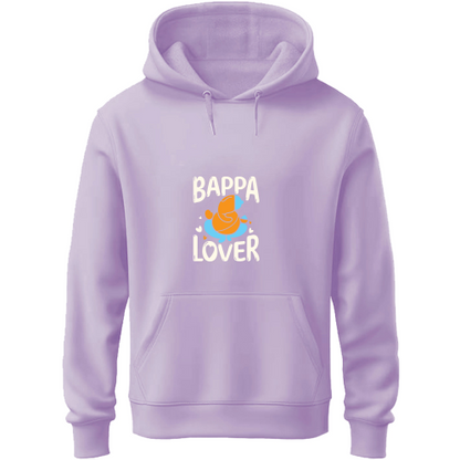 A man dressed in a lavender hoodie featuring the phrase "bappa lover," exuding a casual vibe.