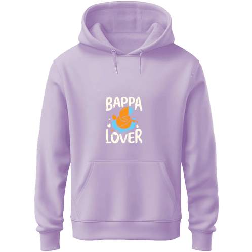 A man dressed in a lavender hoodie featuring the phrase "bappa lover," exuding a casual vibe.