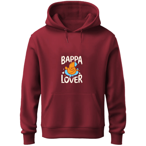 A maroon hoodie with "bappa lover" printed on it, looking relaxed and casual