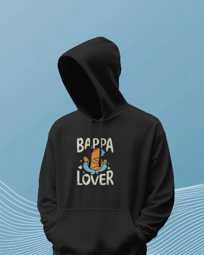 A man wearing a black hoodie with "bappa lover" printed on it, showcasing a casual style.