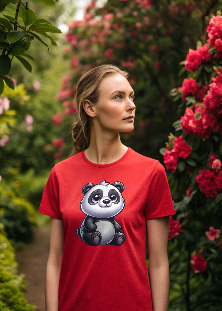  A woman in a red t-shirt featuring a panda bear graphic smiles at the camera.