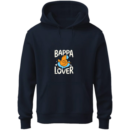 A navy blue hoodie with "bappa lover" printed on it, showcasing a casual style.