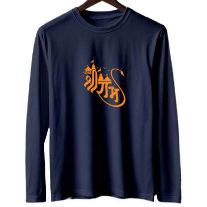 A navy blue long sleeve shirt adorned with vibrant orange lettering