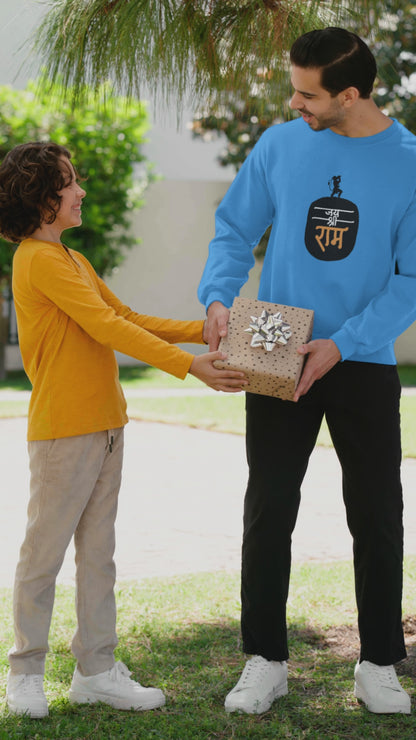  A man and a boy are standing together, each holding a colourful gift, both looking happy and excited.
