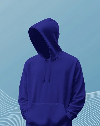 Royal blue pullover hoodie with front pocket and drawstring hood.