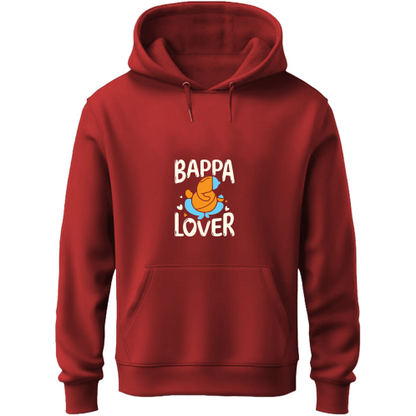 A red hoodie featuring the phrase "bappa lover" in bold letters.
