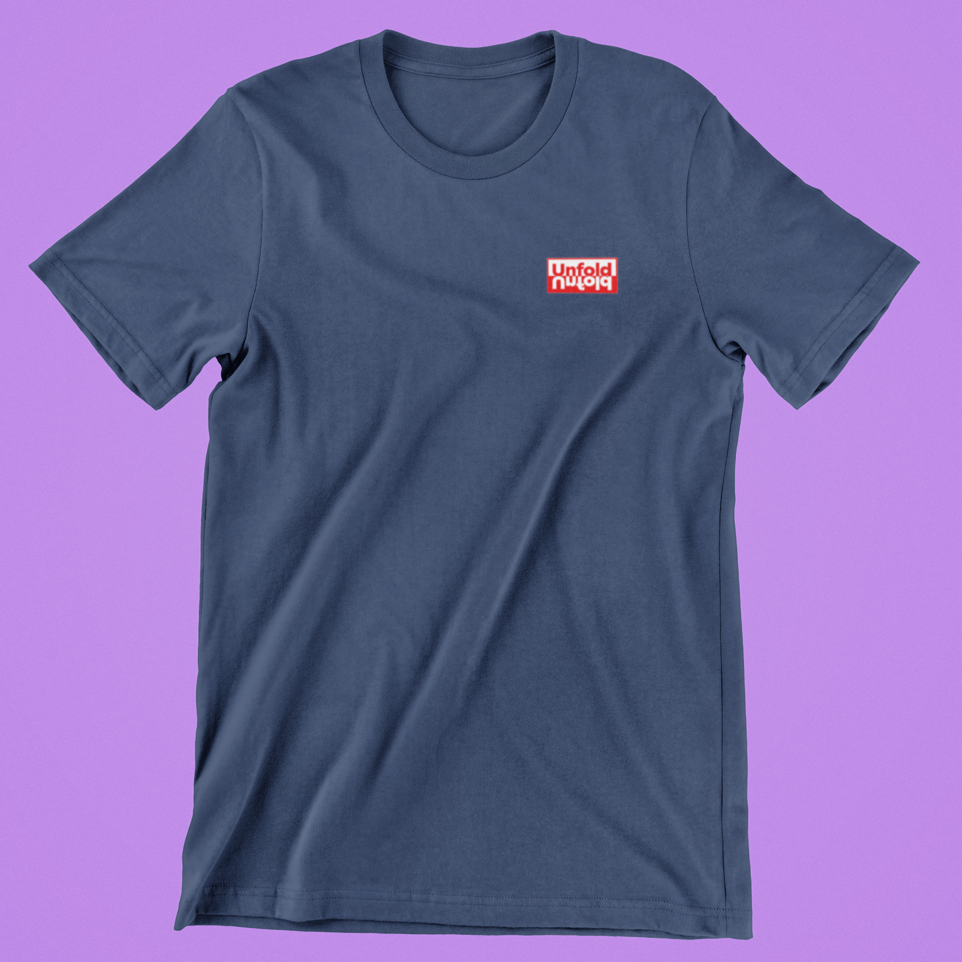 Blue t-shirt with a red logo on a purple background