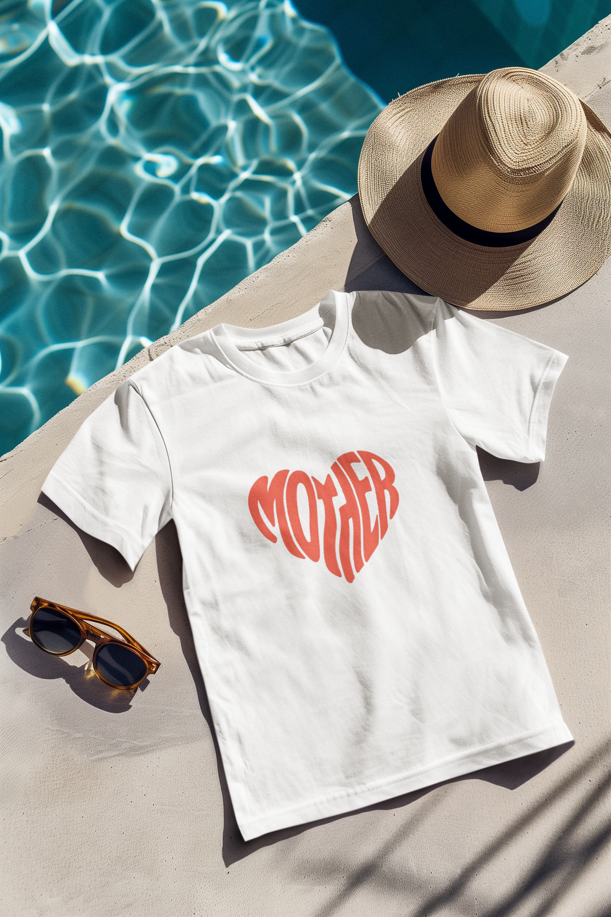 A white t-shirt with an orange heart design laid out next to a sparkling blue pool.
