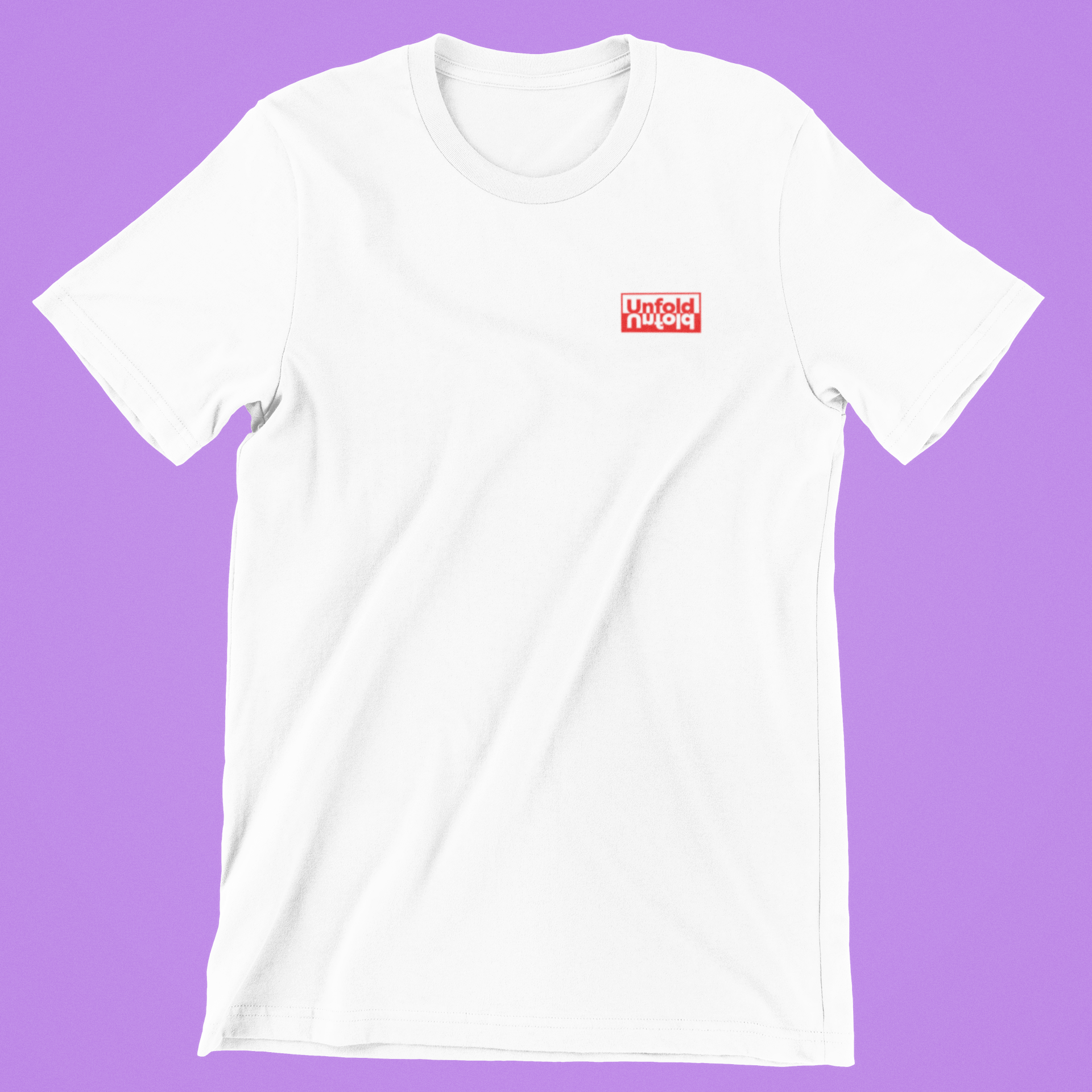 White t-shirt with a small red logo on a purple background