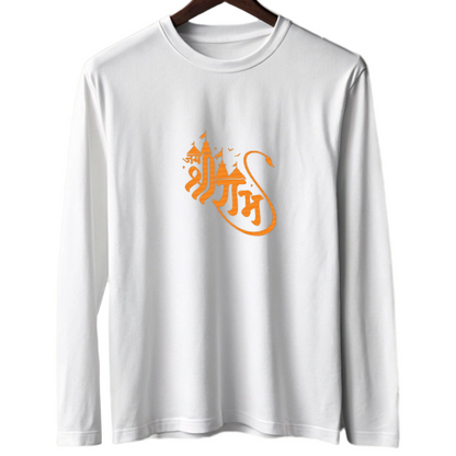 A white long sleeve shirt with striking orange writing displayed prominently.